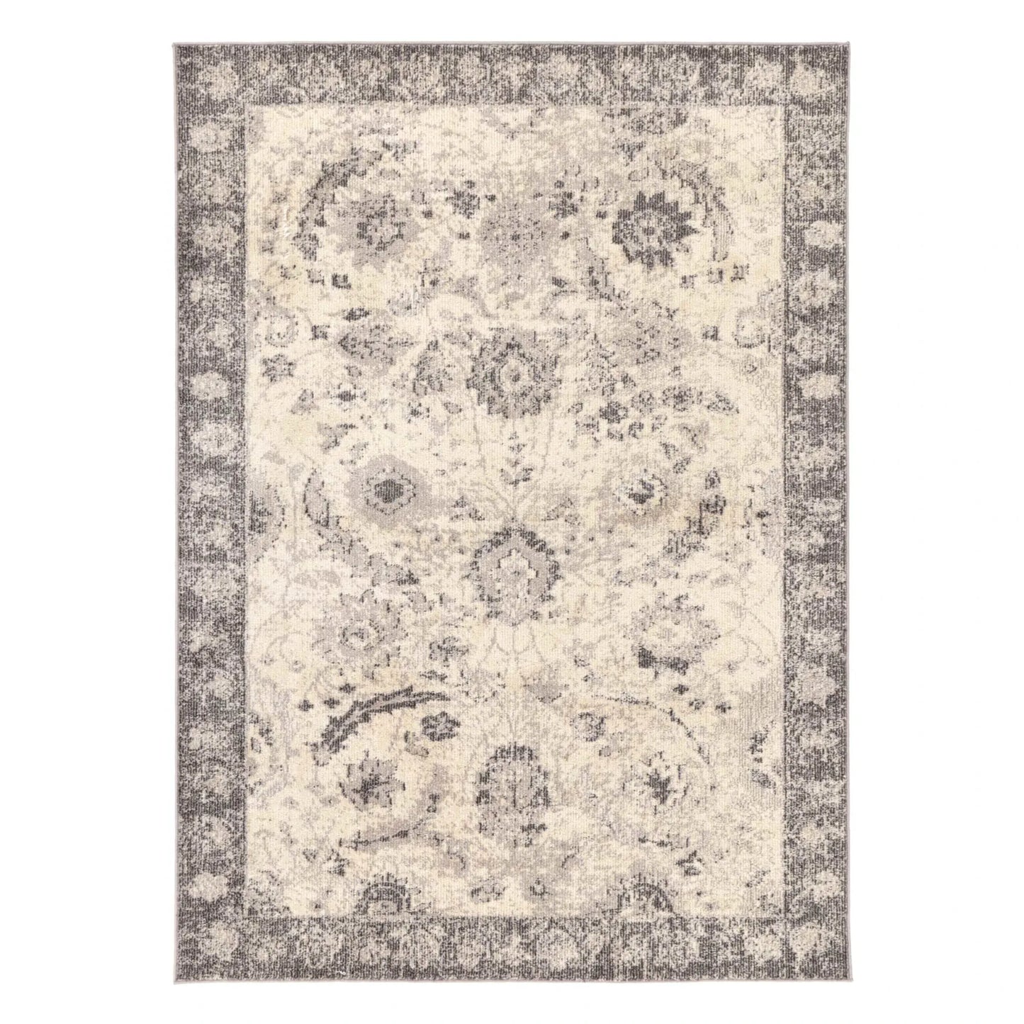 Full view of Tulin 12 Warm Cream and Grey transitional rug with distressed medallion pattern and border detail, 230 x 160 cm