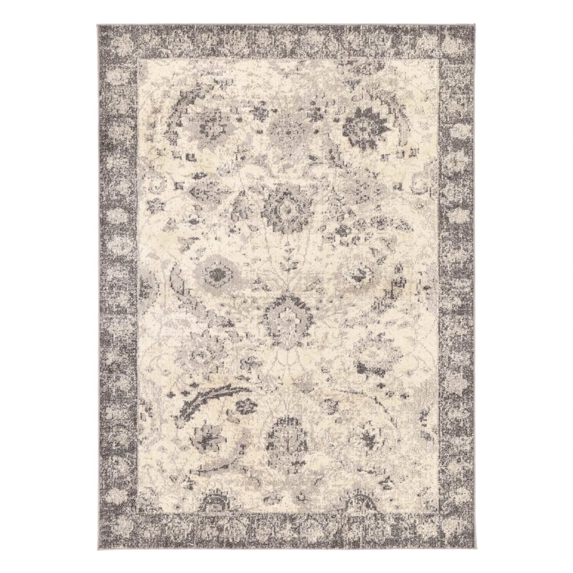Full view of Tulin 12 Warm Cream and Grey transitional rug with distressed medallion pattern and border detail, 230 x 160 cm