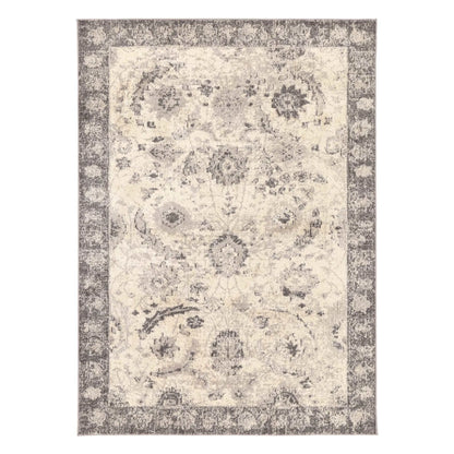 Full view of Tulin 12 Warm Cream and Grey transitional rug with distressed medallion pattern and border detail, 230 x 160 cm