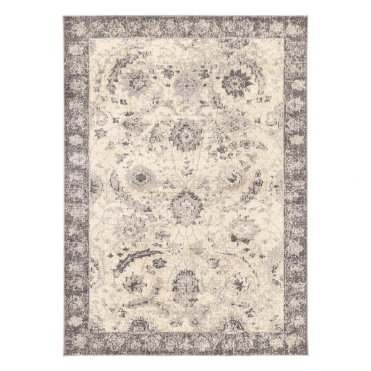 Full view of Tulin 12 Warm Cream and Grey transitional rug with distressed medallion pattern and border detail, 230 x 160 cm