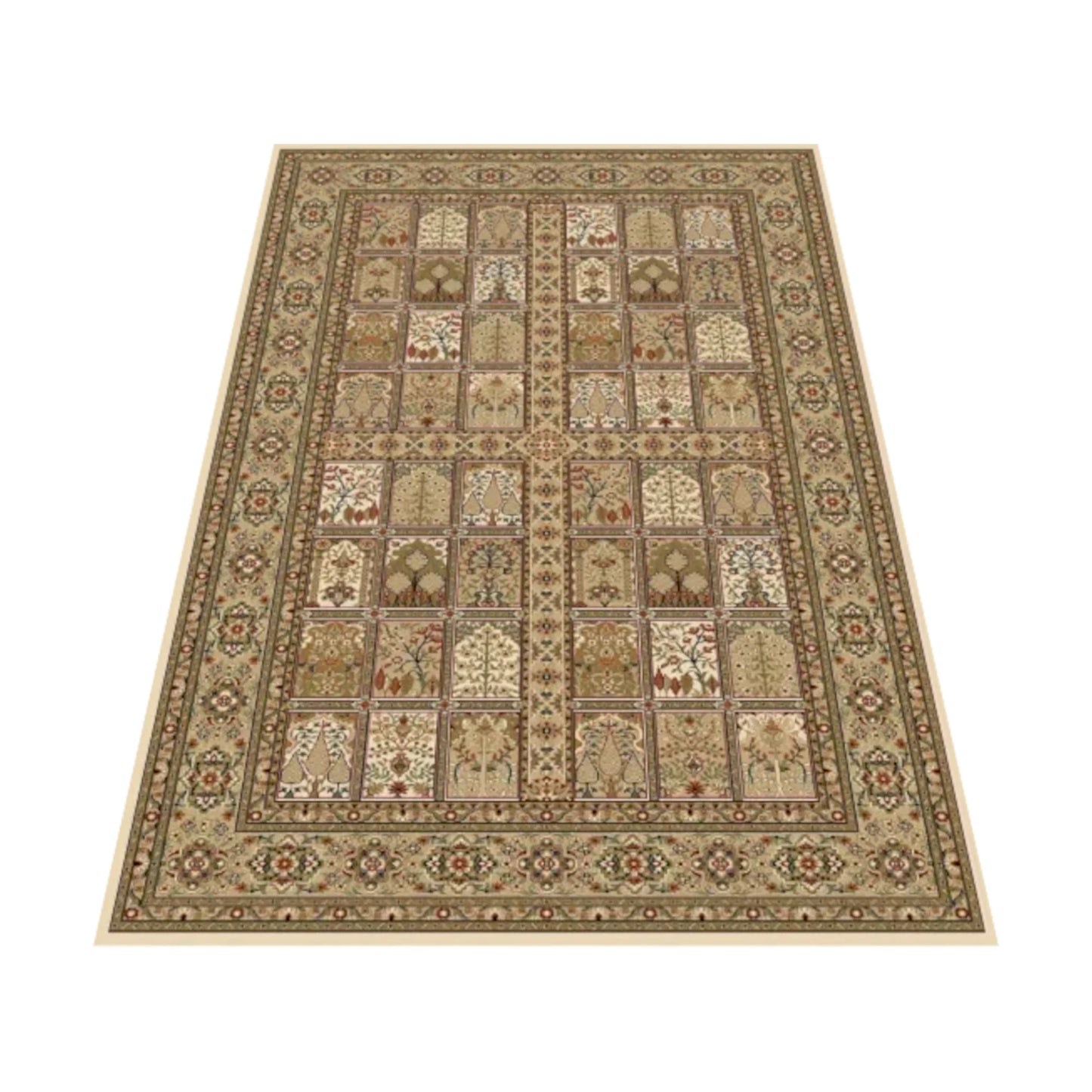 Angled view of the cream Isfahan rug showing its symmetrical panel grid and ornamental floral border