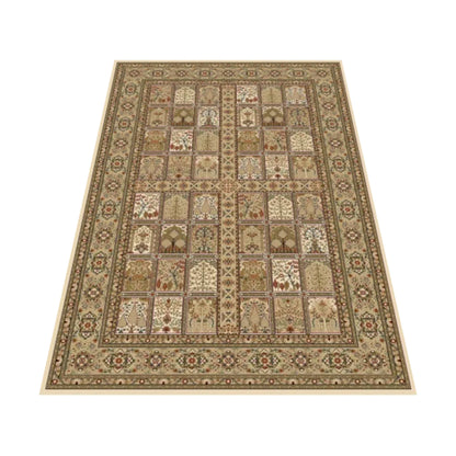 Angled view of the cream Isfahan rug showing its symmetrical panel grid and ornamental floral border