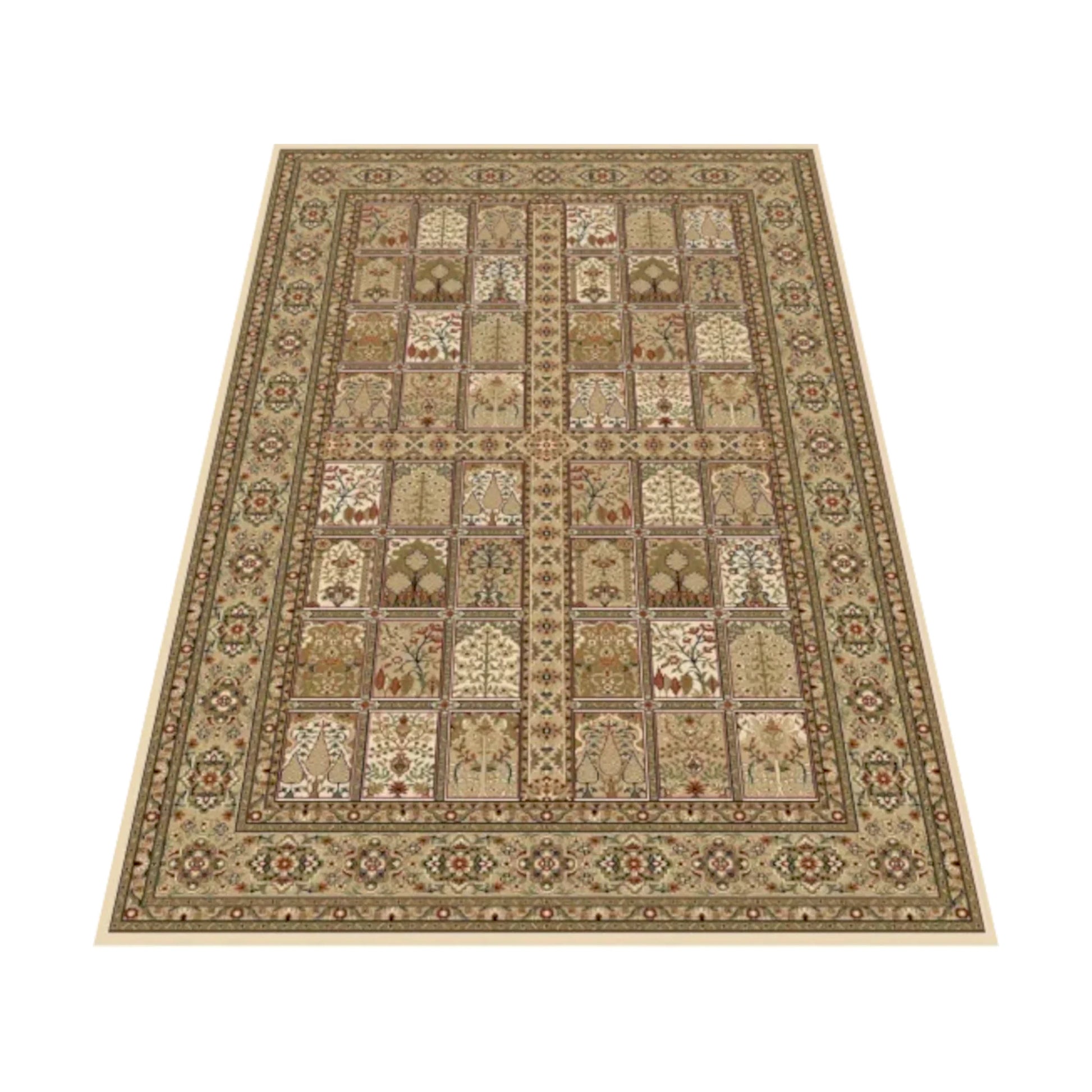 Angled view of the cream Isfahan rug showing its symmetrical panel grid and ornamental floral border