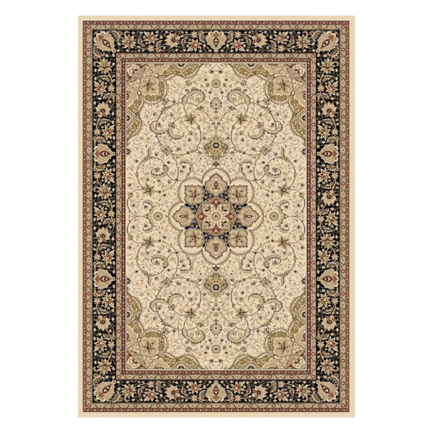 Full view of Turkish Isfahan cream rug, 170 x 120 cm, with an ornate medallion and charcoal floral border