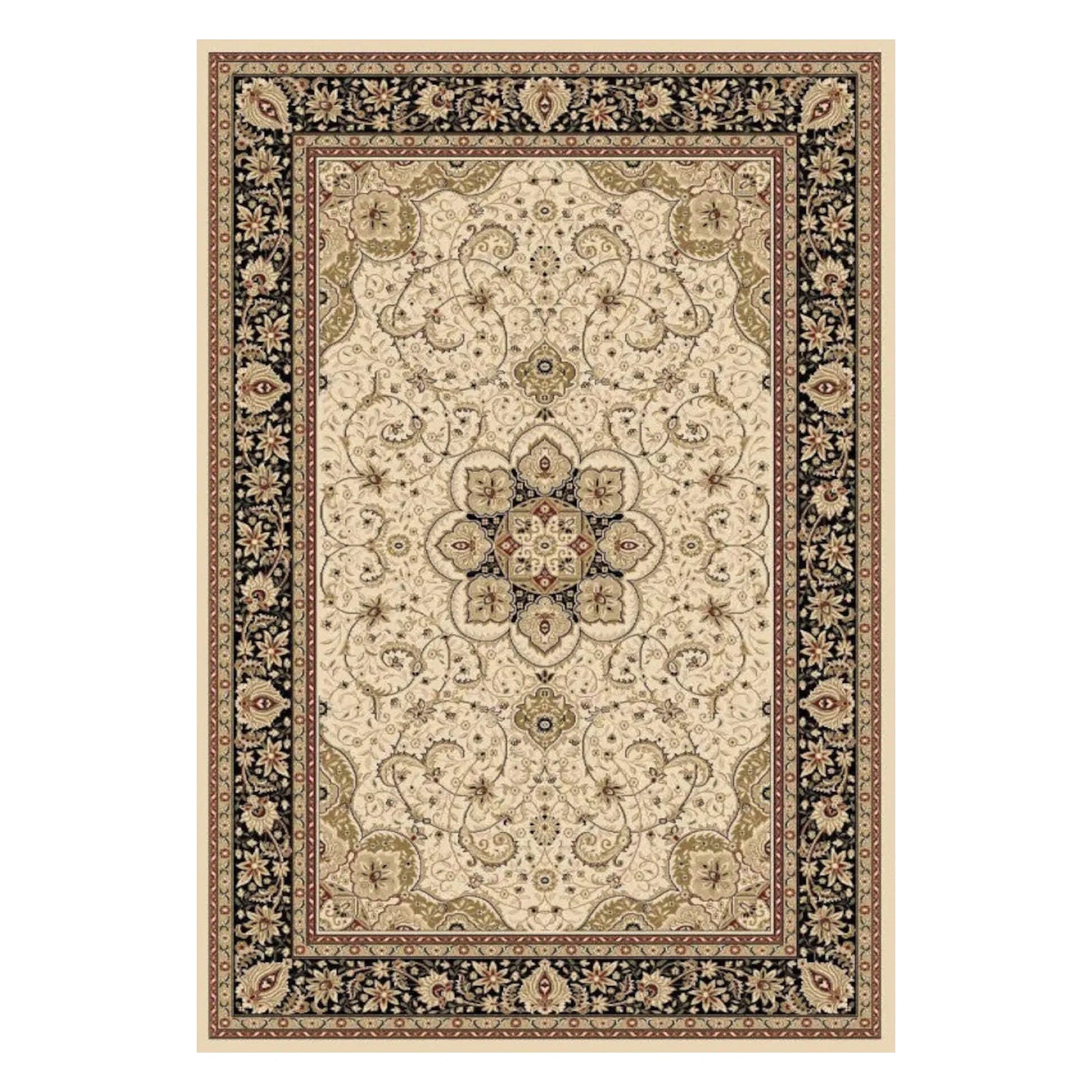Full view of Turkish Isfahan cream rug, 170 x 120 cm, with an ornate medallion and charcoal floral border
