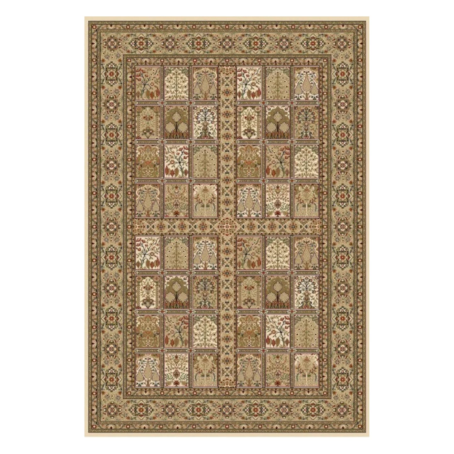 Full view of Turkish Isfahan cream rug, 170 x 120 cm, with botanical garden panels and layered floral borders