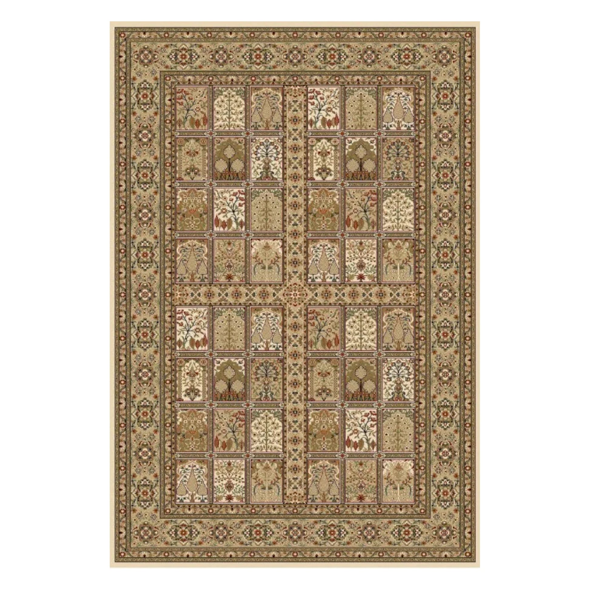 Full view of Turkish Isfahan cream rug, 170 x 120 cm, with botanical garden panels and layered floral borders