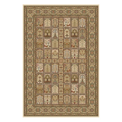 Full view of Turkish Isfahan cream rug, 170 x 120 cm, with botanical garden panels and layered floral borders