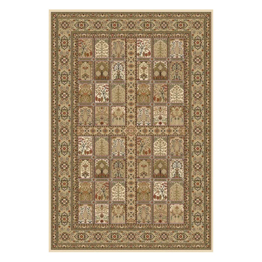 Full view of Turkish Isfahan cream rug, 170 x 120 cm, with botanical garden panels and layered floral borders