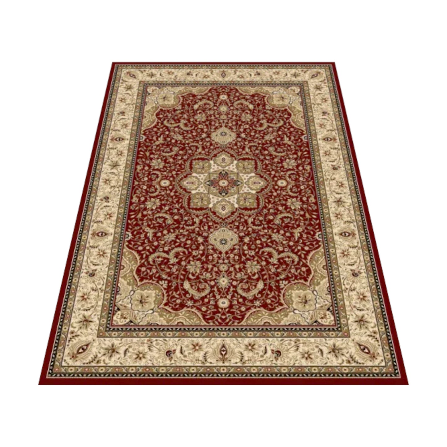 Angled view of the red Isfahan rug showing its central cream medallion, scrolling vines and ivory floral border