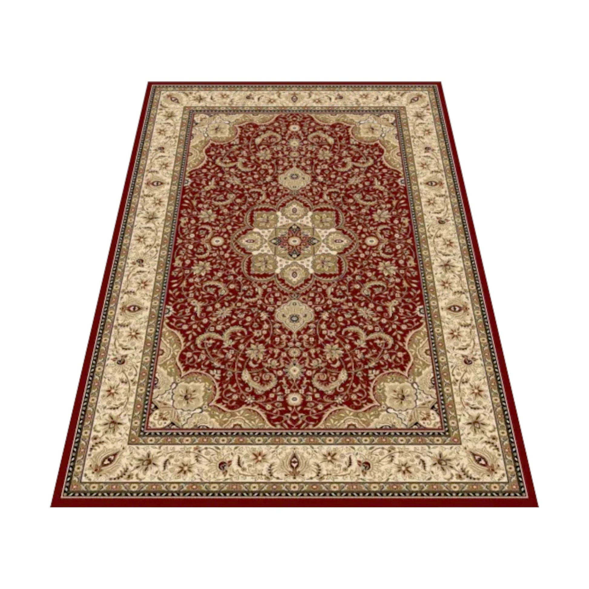Angled view of the red Isfahan rug showing its central cream medallion, scrolling vines and ivory floral border