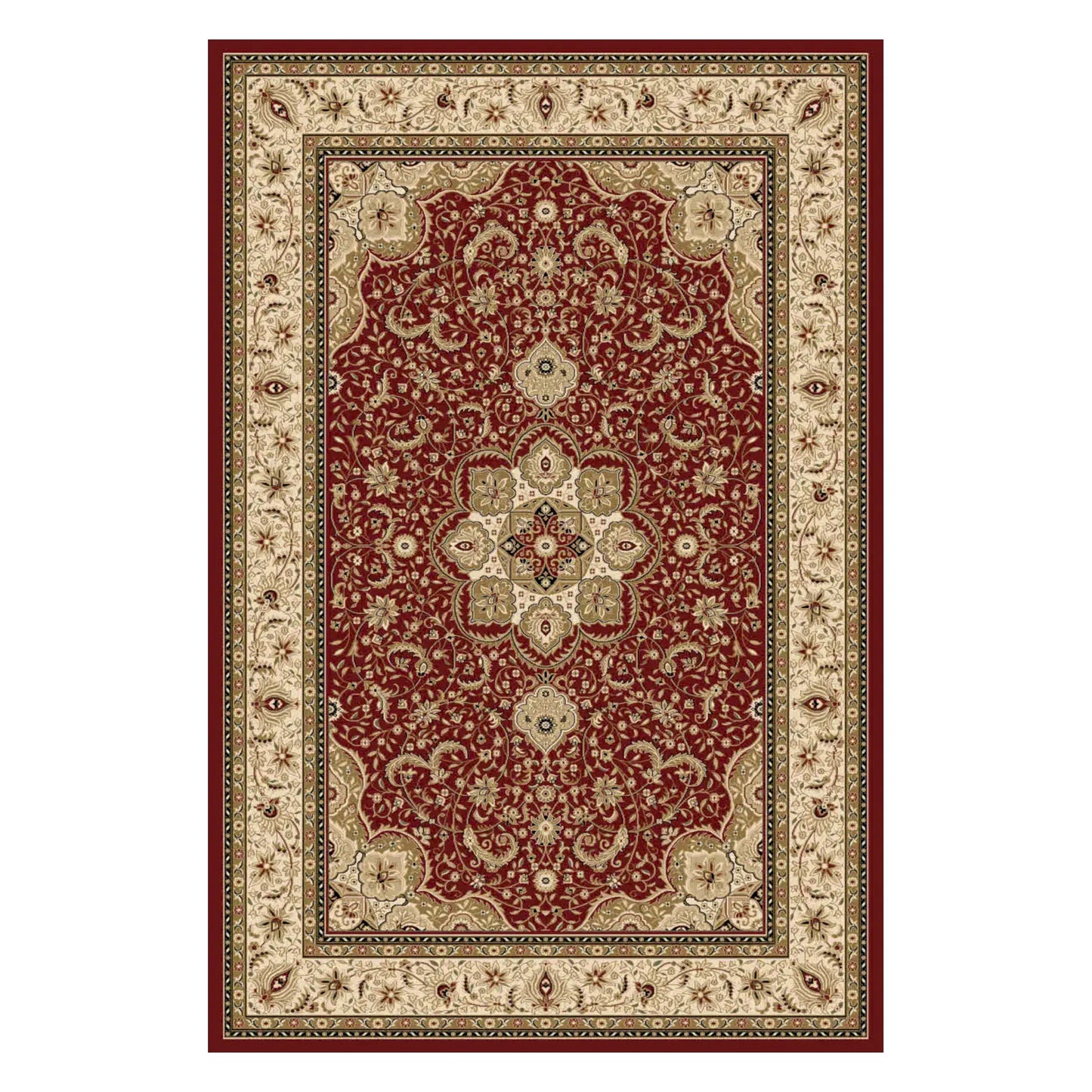 Full view of Turkish Isfahan red medallion rug, 170 x 120 cm, with a deep red field and broad ivory floral border