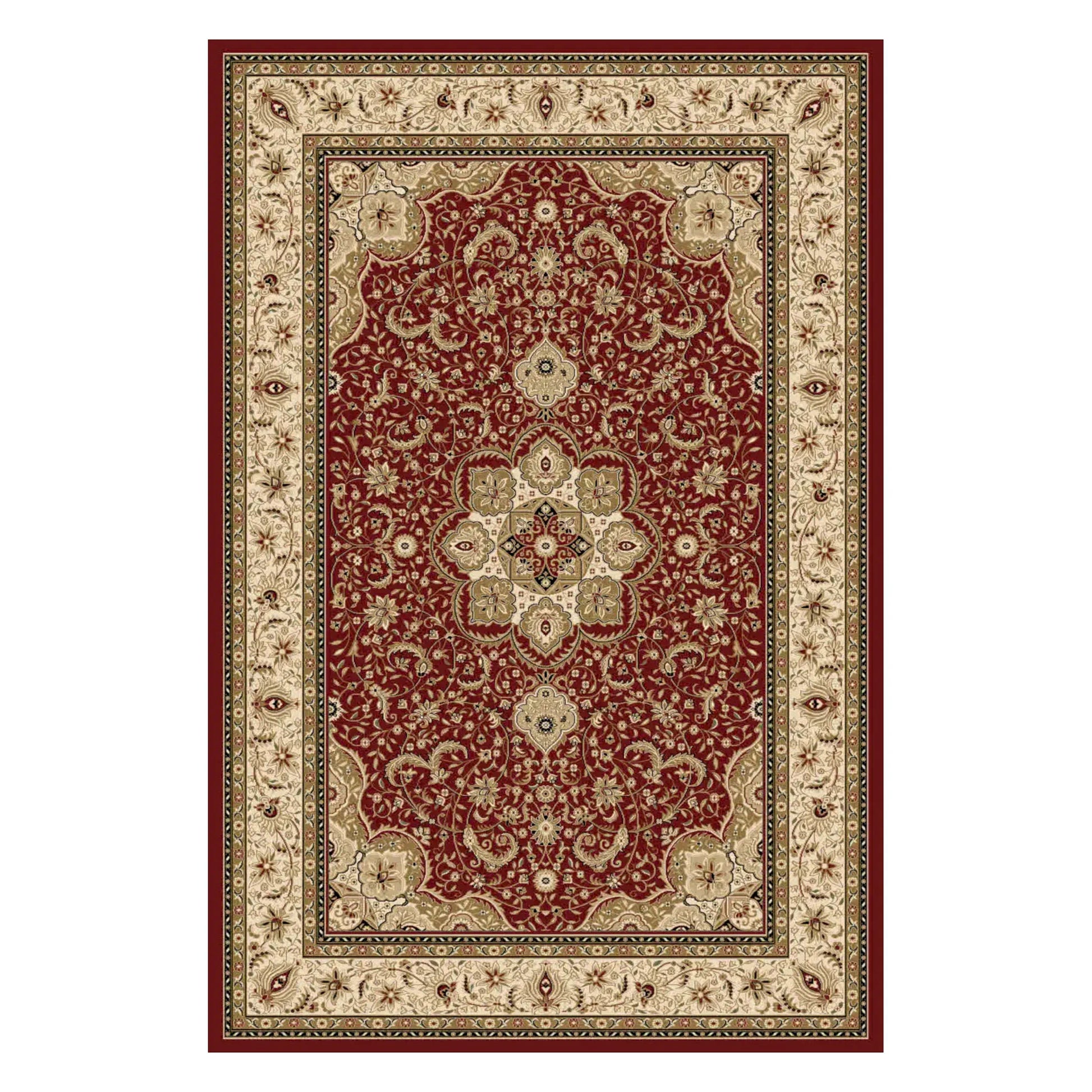 Full view of Turkish Isfahan red medallion rug, 170 x 120 cm, with a deep red field and broad ivory floral border