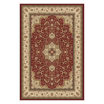 Full view of Turkish Isfahan red medallion rug, 170 x 120 cm, with a deep red field and broad ivory floral border