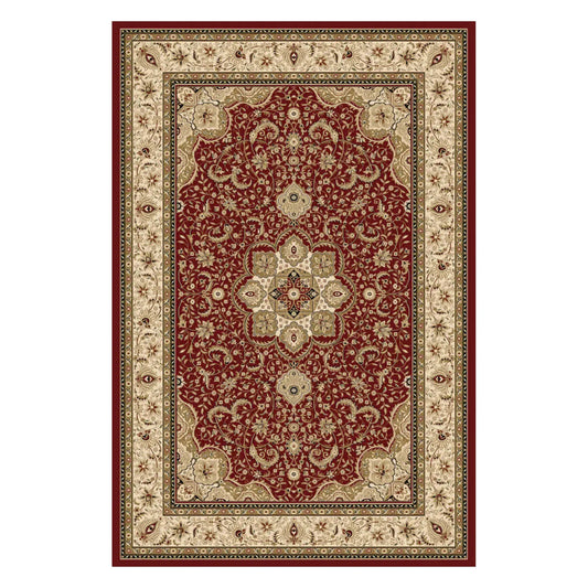 Full view of Turkish Isfahan red medallion rug, 170 x 120 cm, with a deep red field and broad ivory floral border