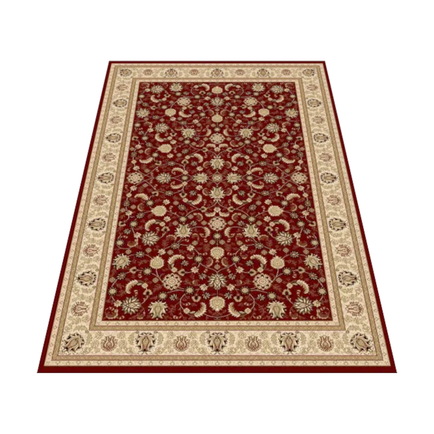 Angled view of the red Isfahan rug showing its floral-vine field, palmettes and ivory ornamental border