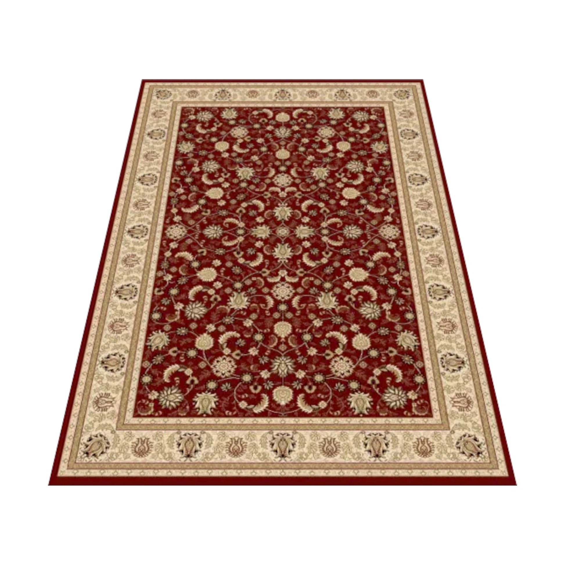 Angled view of the red Isfahan rug showing its floral-vine field, palmettes and ivory ornamental border