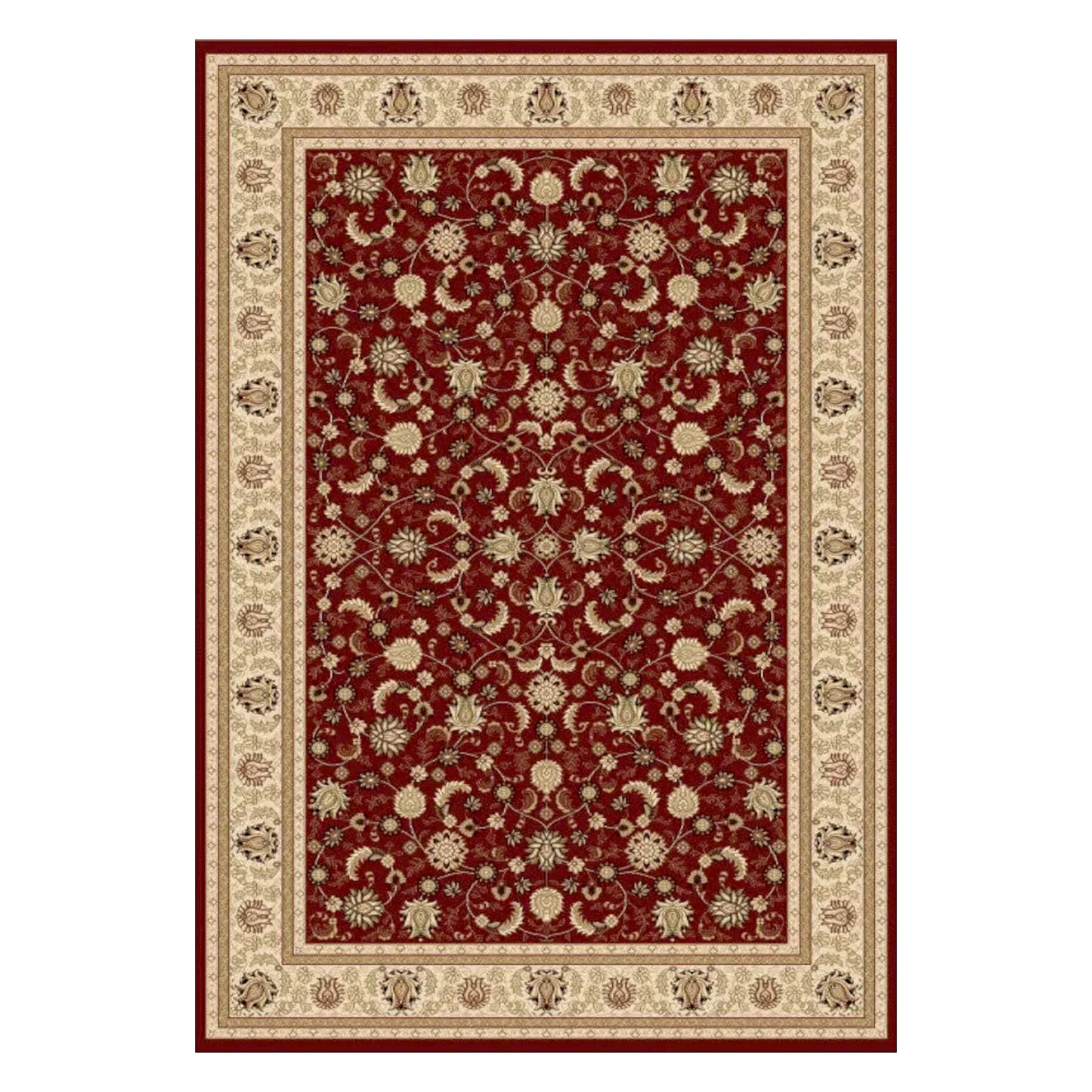 Full view of Turkish Isfahan red rug, 170 x 120 cm, with an all-over floral field and broad ivory border