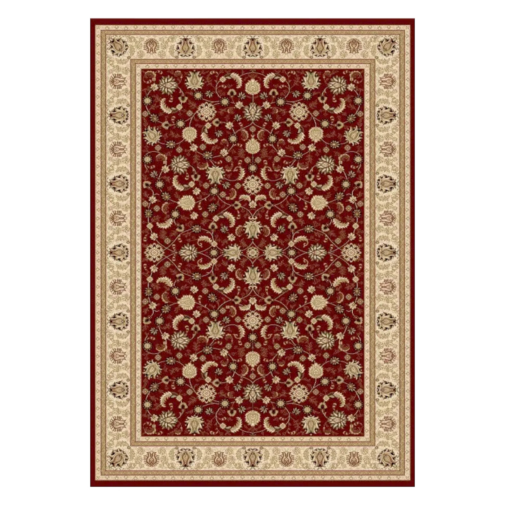Full view of Turkish Isfahan red rug, 170 x 120 cm, with an all-over floral field and broad ivory border