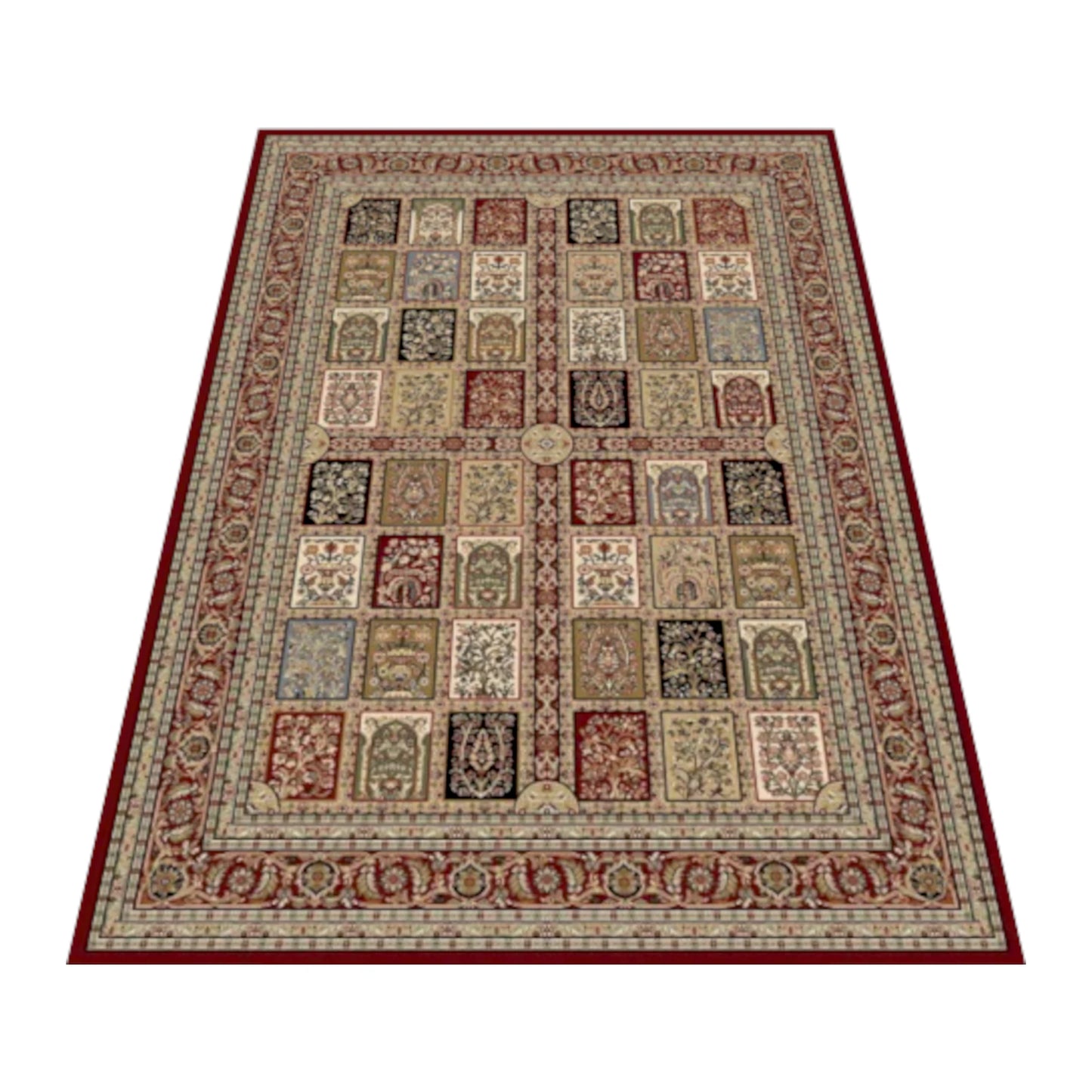 Angled full view of the red and beige Isfahan rug showing its botanical panel grid and floral borders
