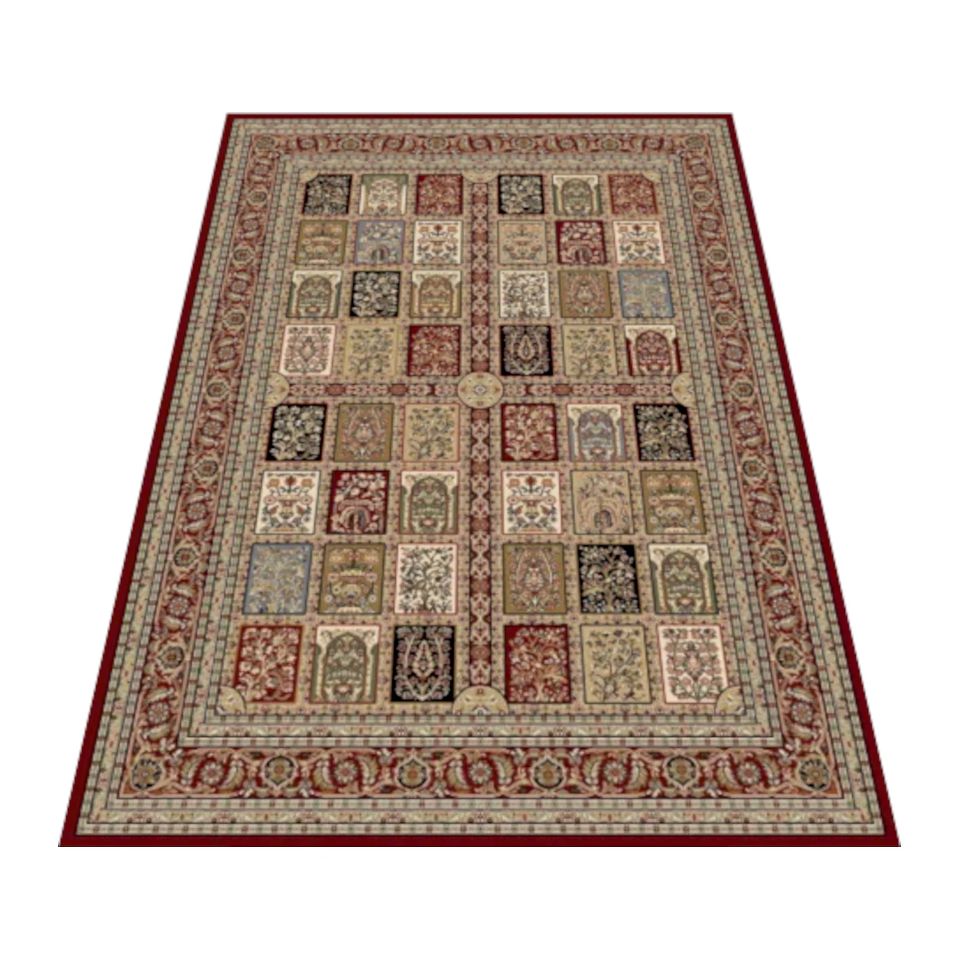 Angled full view of the red and beige Isfahan rug showing its botanical panel grid and floral borders
