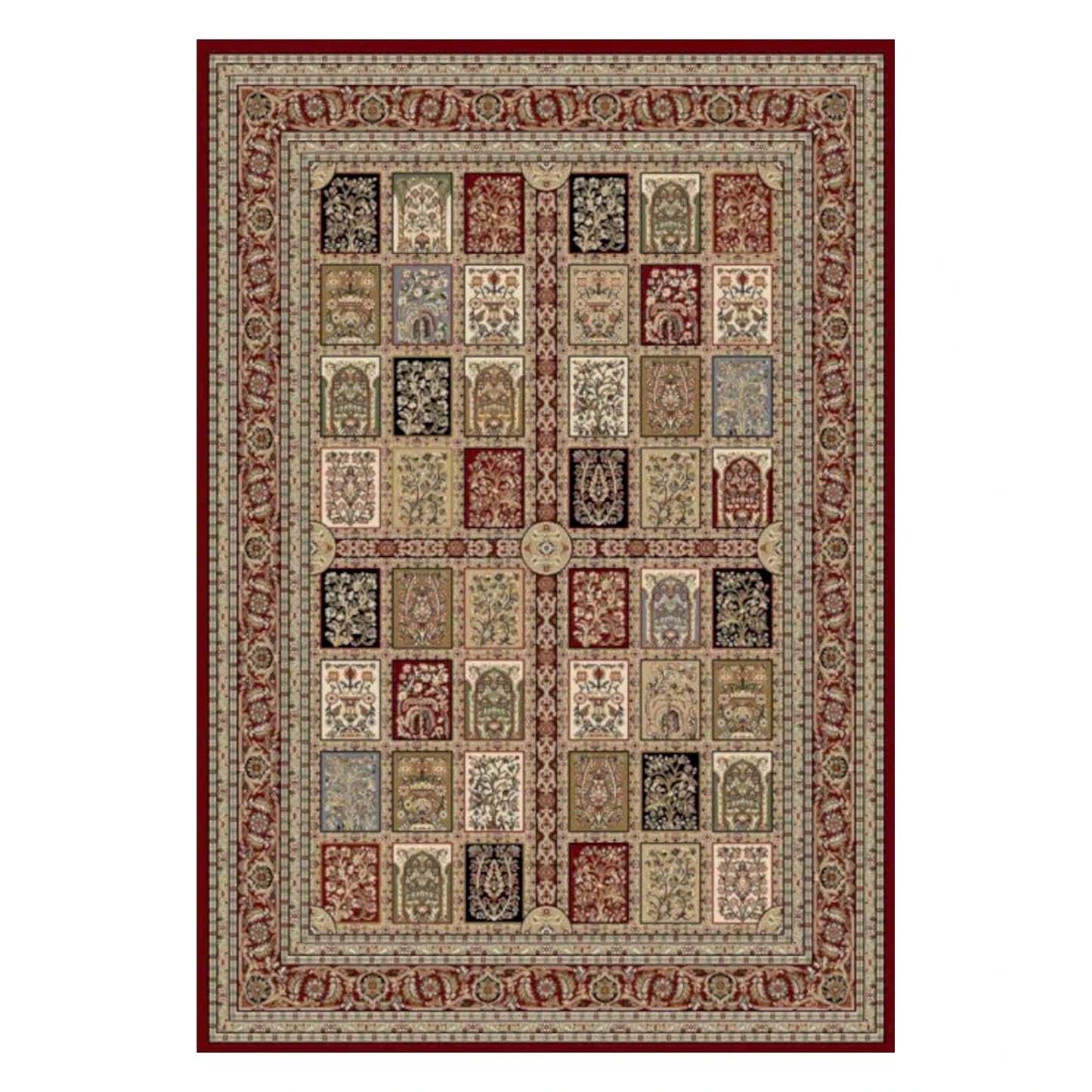 Full view of Turkish Isfahan rug, 170 x 120 cm, with red botanical panels and layered floral borders