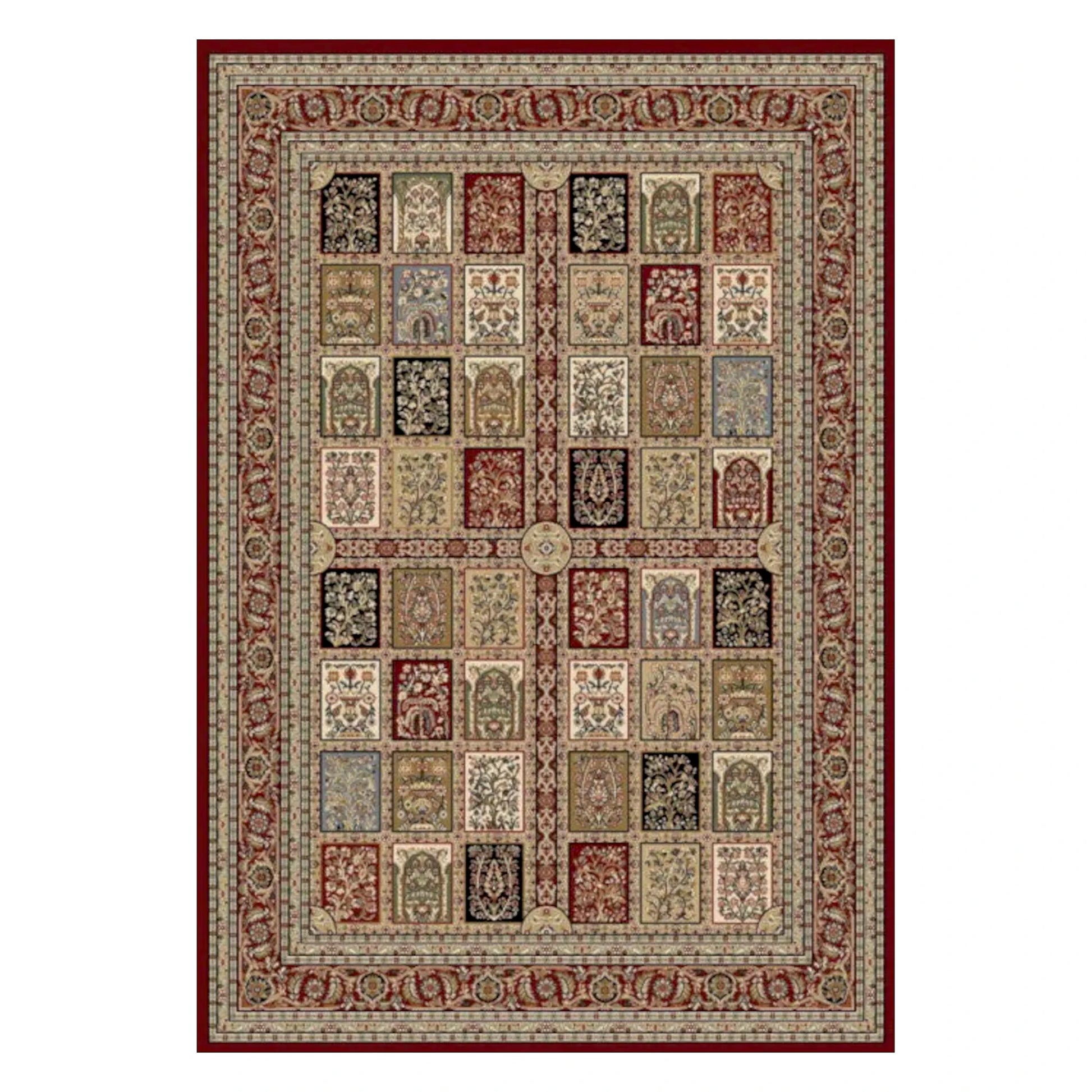 Full view of Turkish Isfahan rug, 170 x 120 cm, with red botanical panels and layered floral borders