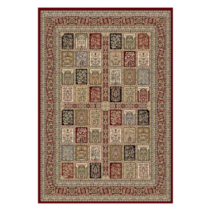 Full view of Turkish Isfahan rug, 170 x 120 cm, with red botanical panels and layered floral borders