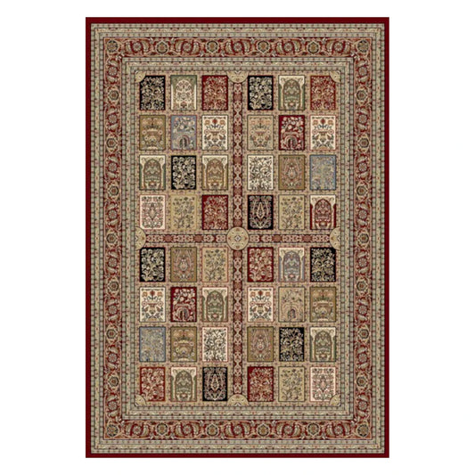 Full view of Turkish Isfahan rug, 170 x 120 cm, with red botanical panels and layered floral borders