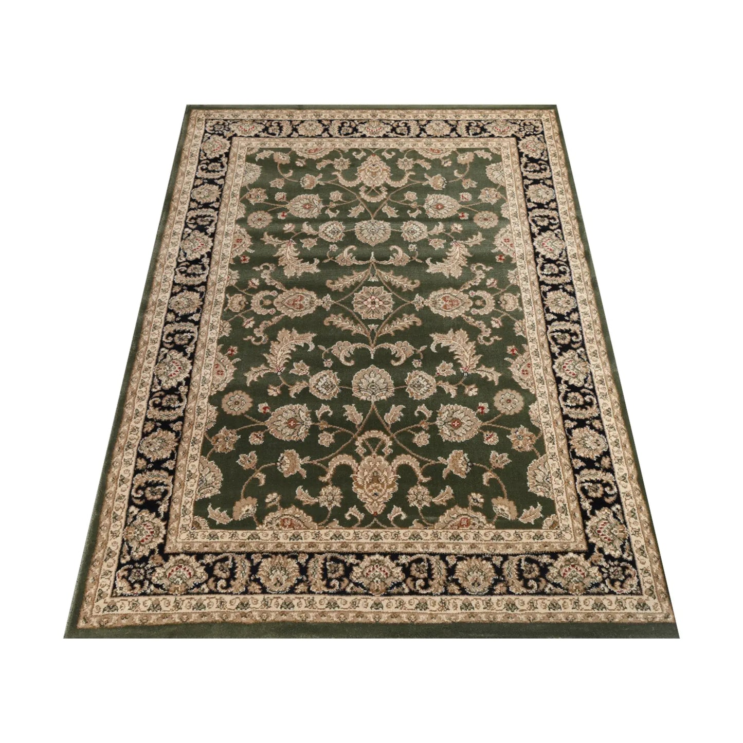 Angled full view of the Turkish Julian green rug showing symmetrical floral vines and layered borders
