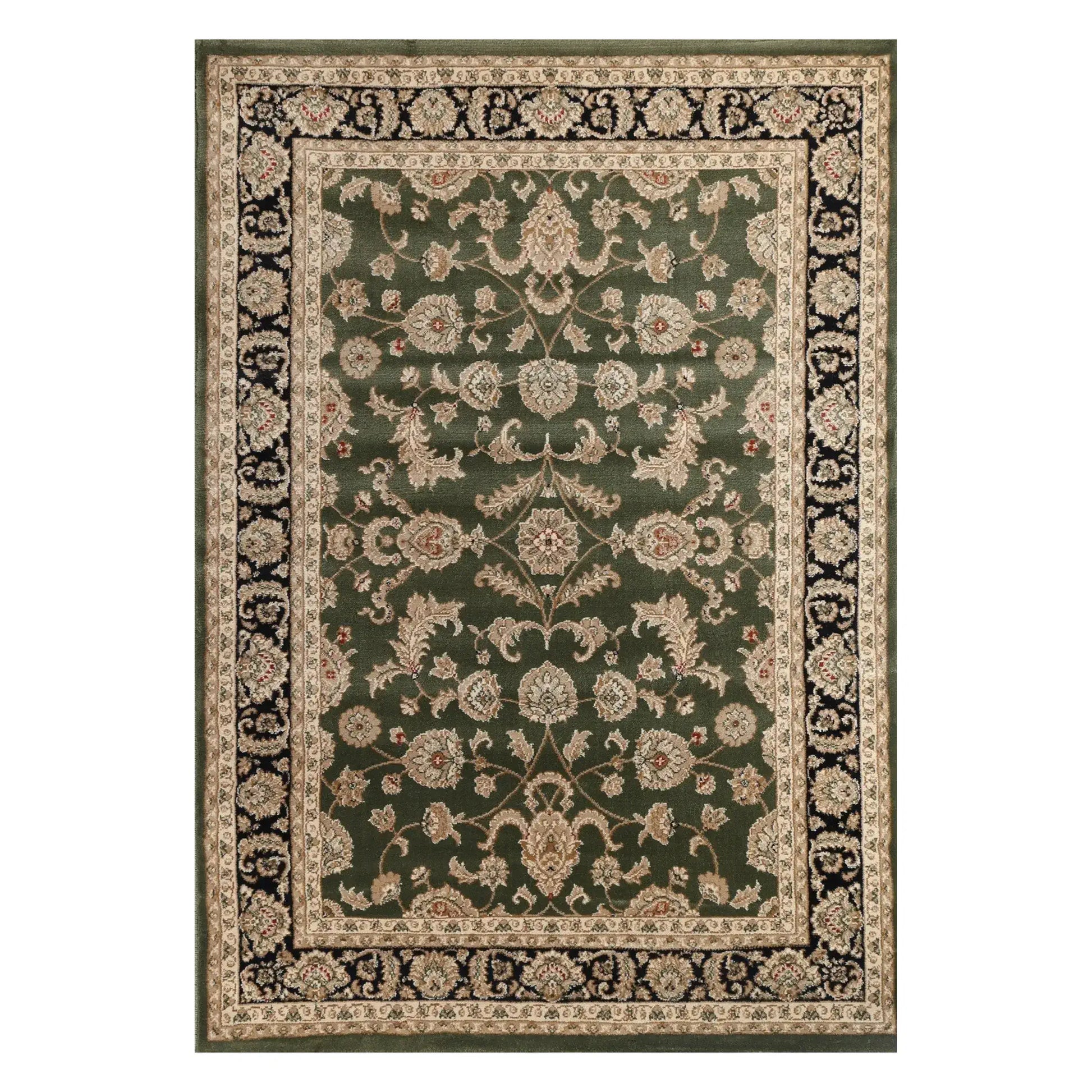 Full view of Turkish Julian 90500 green rug, 290 x 200 cm, with an all-over floral field and black ornamental border