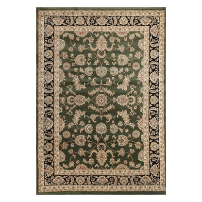 Full view of Turkish Julian 90500 green rug, 290 x 200 cm, with an all-over floral field and black ornamental border