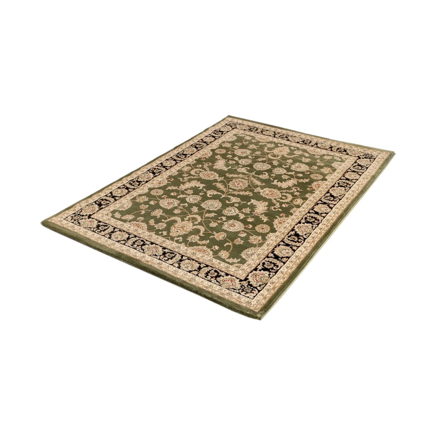 Low perspective view across the green floral field, black border and bound polypropylene edge