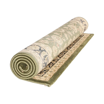 Rolled view showing the patterned pile, bound edge and backing of the Turkish machine-made rug