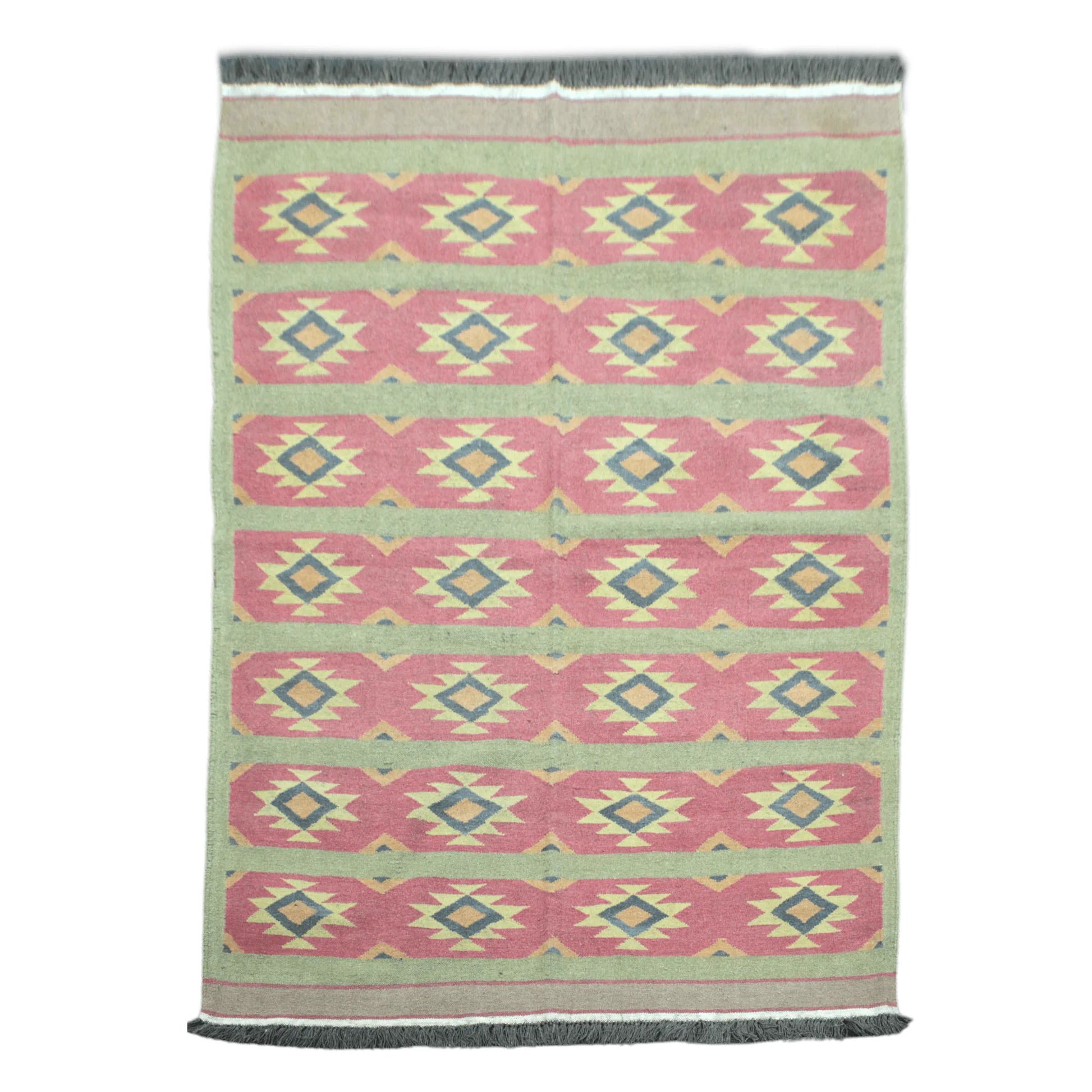 Full view of Turkish Kilim wool rug with dusty pink bands, sage green ground and geometric motifs, 200 x 144 cm