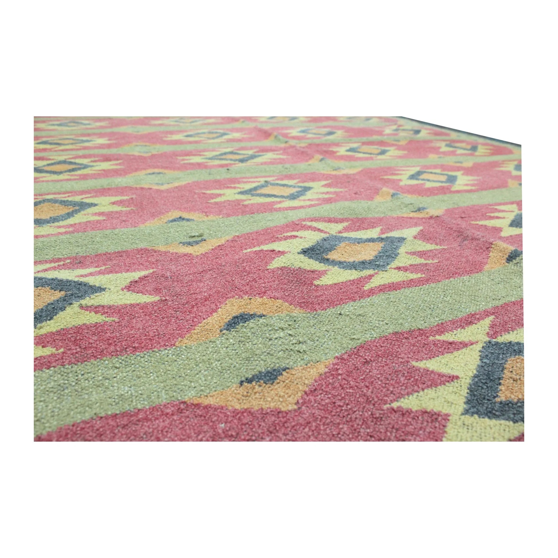 Geometric pattern detail of Turkish Kilim wool rug with dusty pink, sage green and cream motifs, 200 x 144 cm
