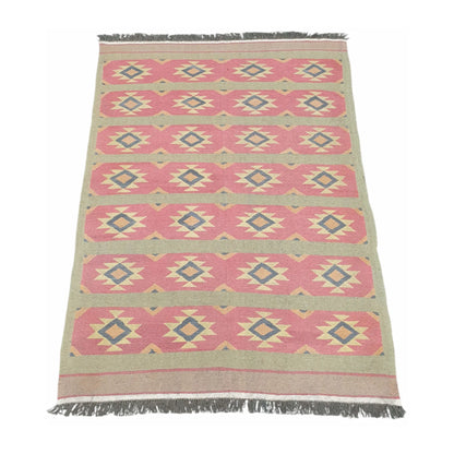 Secondary full view of Turkish Kilim wool rug with repeated diamond motifs and fringed ends, 200 x 144 cm