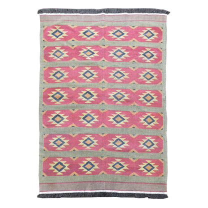 Full view of Turkish wool kilim with dusty pink bands, sage-green ground and repeating star-and-diamond motifs, 200 x 144 cm