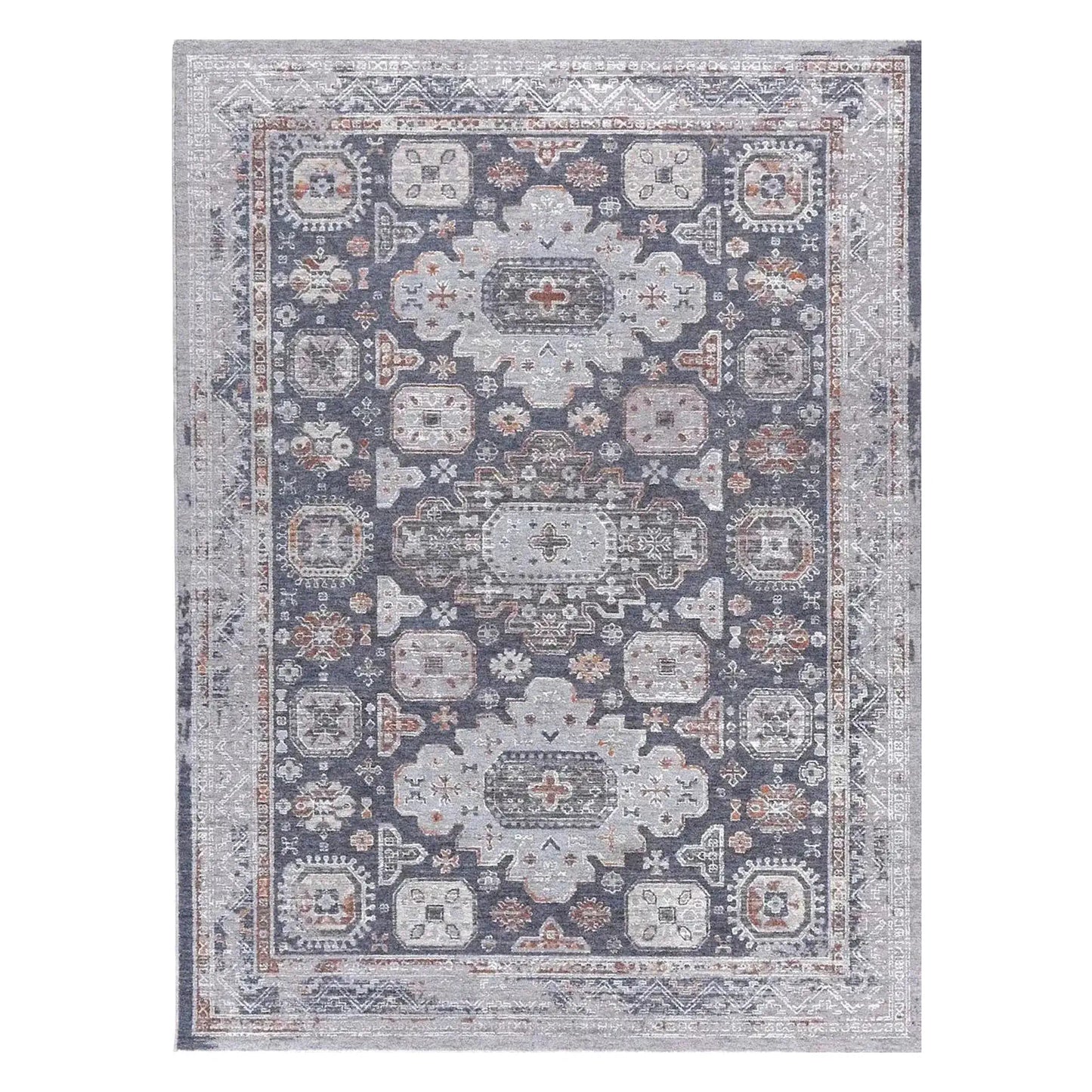Full view of Turkish Zagros Kazaki rug, 230 x 160 cm, with a charcoal field and three pale geometric medallions