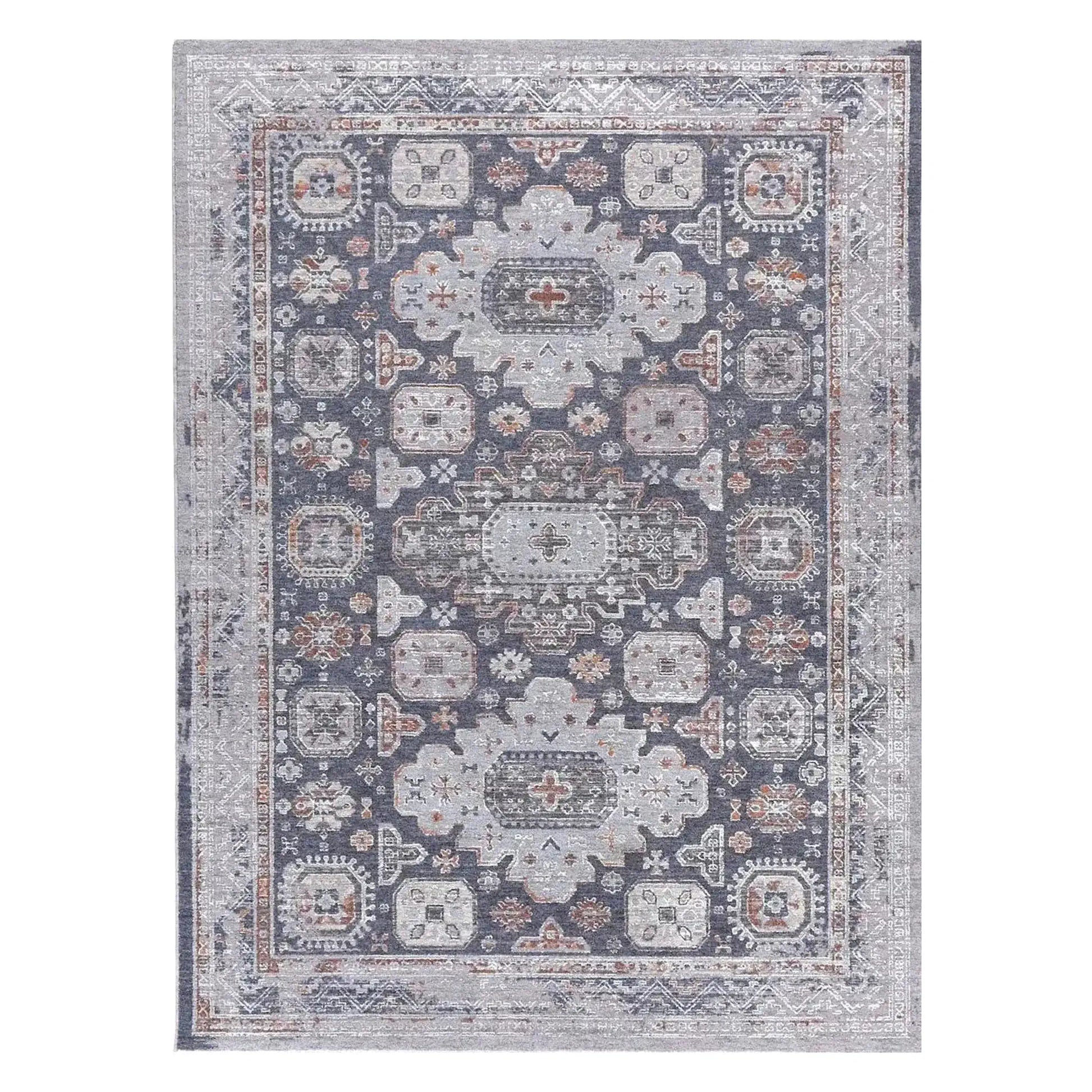 Full view of Turkish Zagros Kazaki rug, 230 x 160 cm, with a charcoal field and three pale geometric medallions