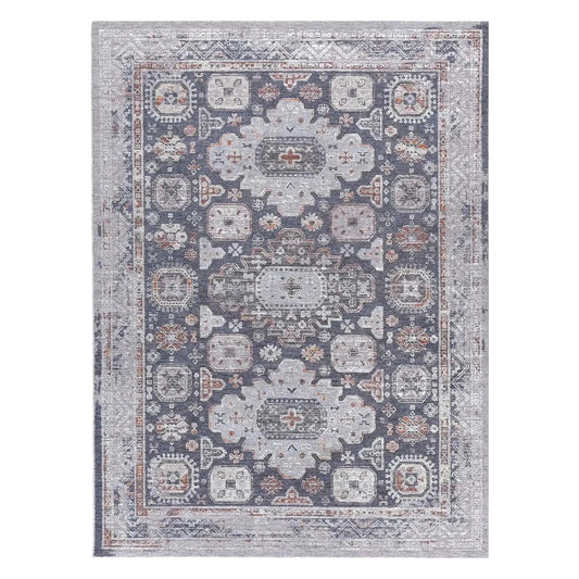 Full view of Turkish Zagros Kazaki rug, 230 x 160 cm, with a charcoal field and three pale geometric medallions