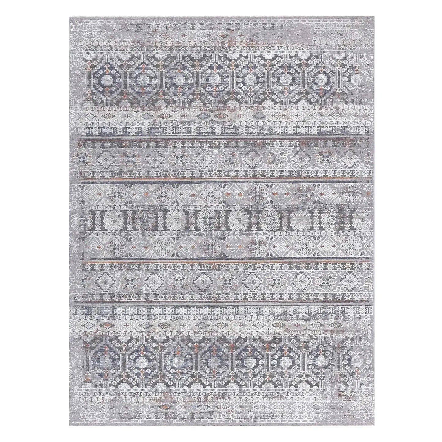 Full view of Turkish Zagros striped rug, 230 x 160 cm, with silver-grey horizontal motif bands