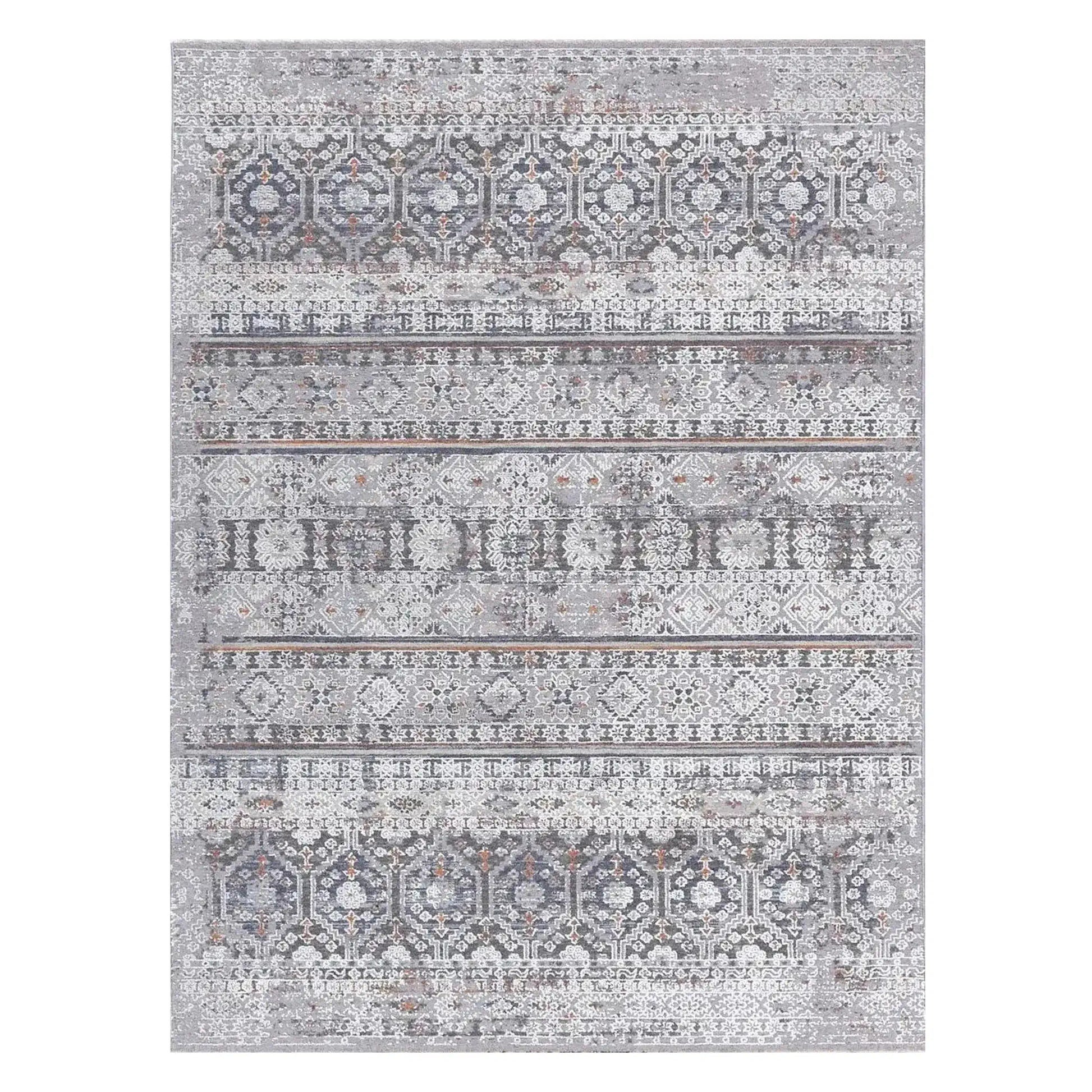 Full view of Turkish Zagros striped rug, 230 x 160 cm, with silver-grey horizontal motif bands