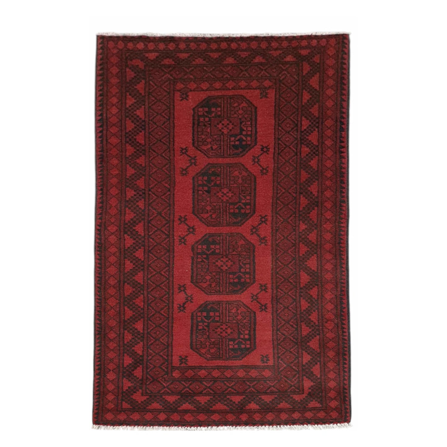 Turkoman hand-knotted wool rug 190 x 101 cm shown in straightened full view with deep red geometric gul design