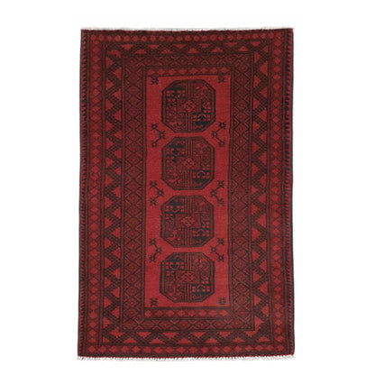 Turkoman hand-knotted wool rug 190 x 101 cm shown in straightened full view with deep red geometric gul design