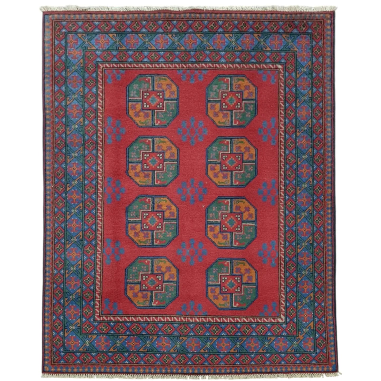 Turkoman hand-knotted wool rug 196 x 150 cm full view red gul pattern