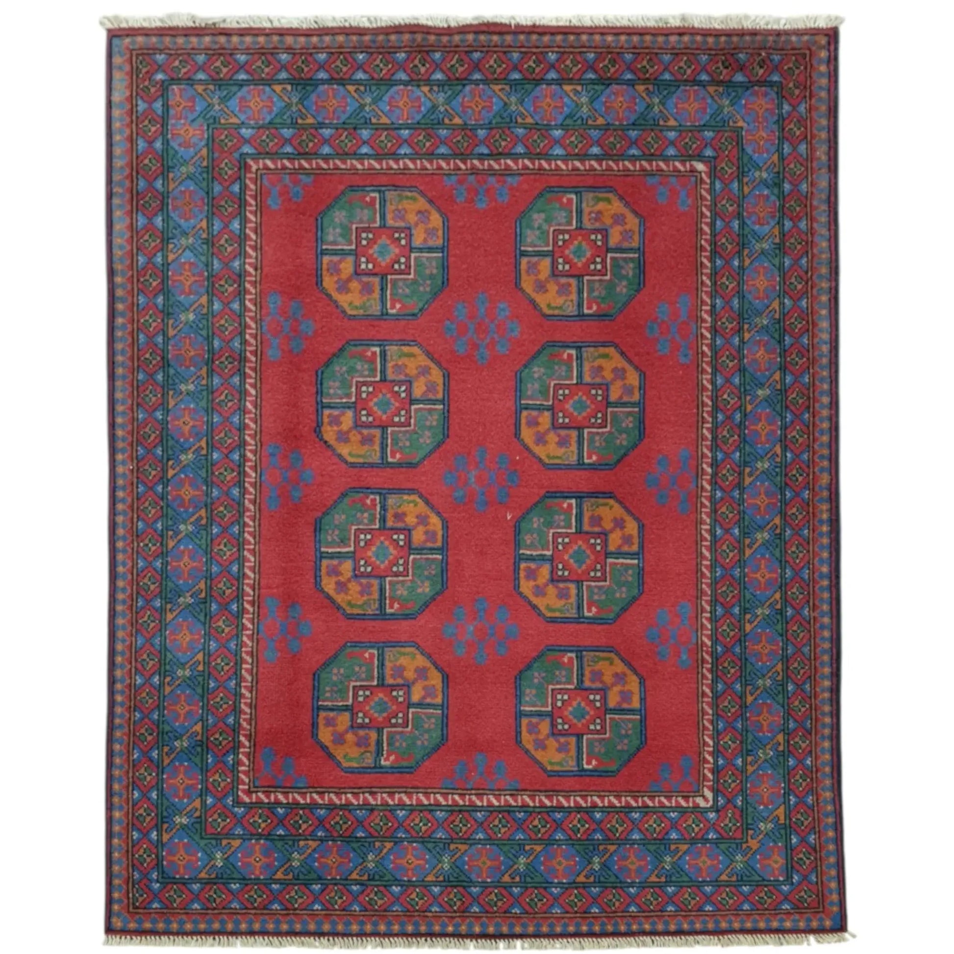 Turkoman hand-knotted wool rug 196 x 150 cm full view red gul pattern