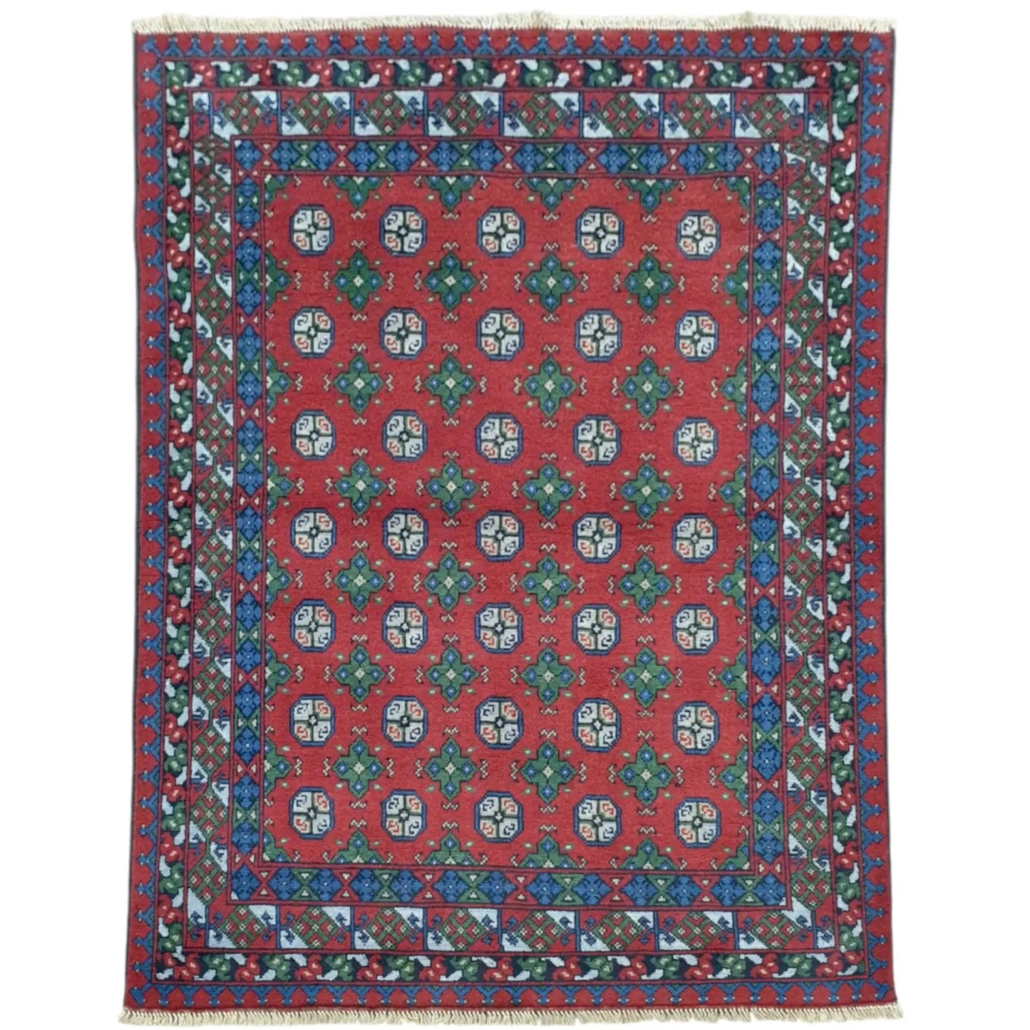 Turkoman hand-knotted wool rug 201 x 150 cm full view red gul pattern