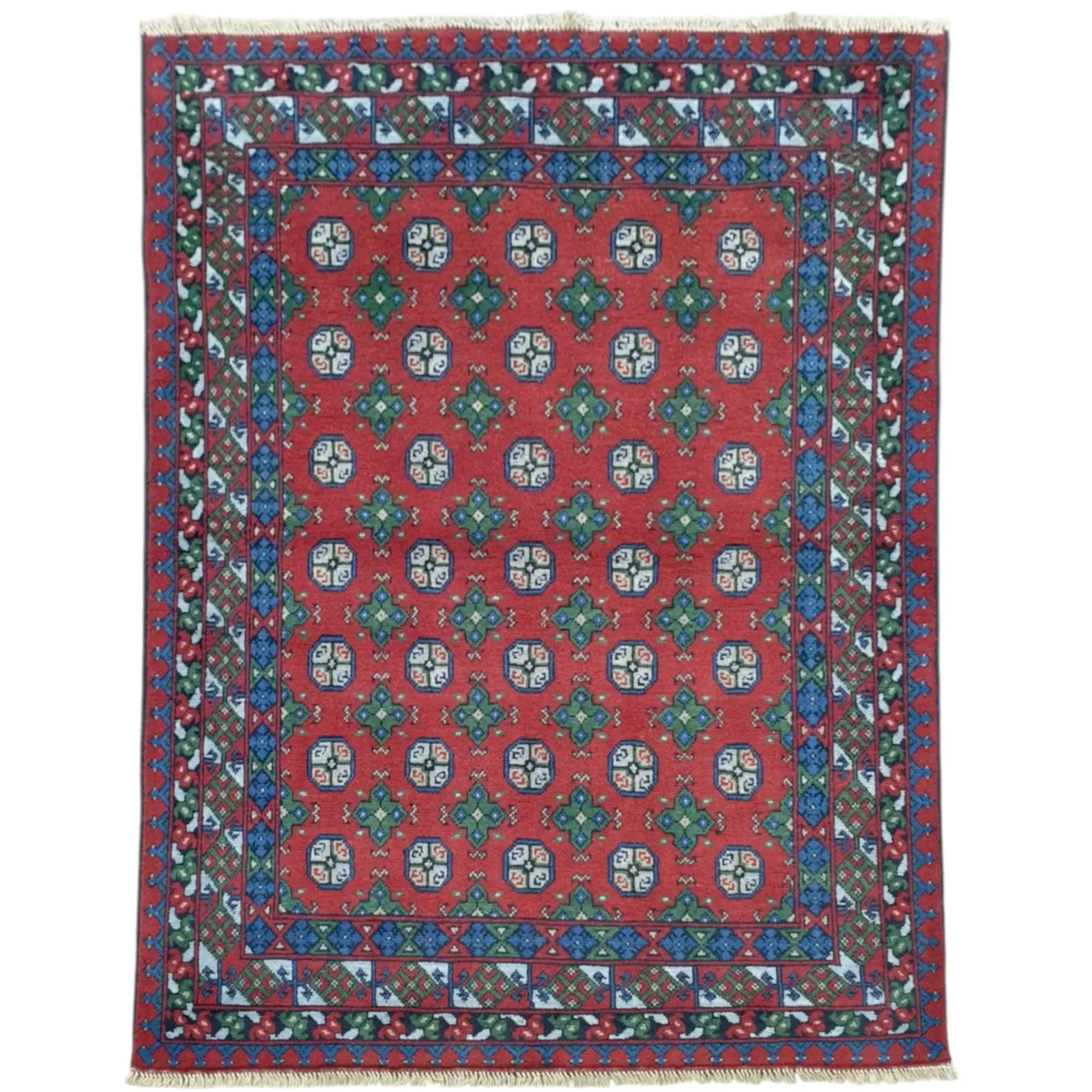Turkoman hand-knotted wool rug 201 x 150 cm full view red gul pattern