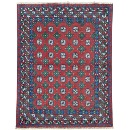 Turkoman hand-knotted wool rug 201 x 150 cm full view red gul pattern